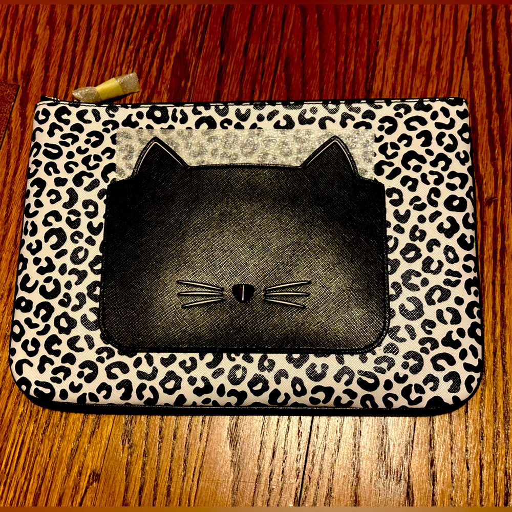 Kate Spade Leopard Print Kitty Cat Black Leather Clutch Poutch
